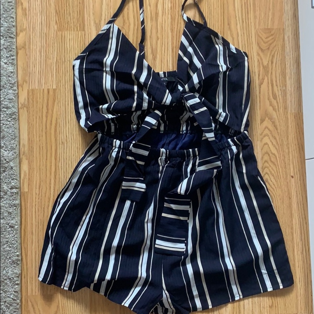 Navy romper with stripes